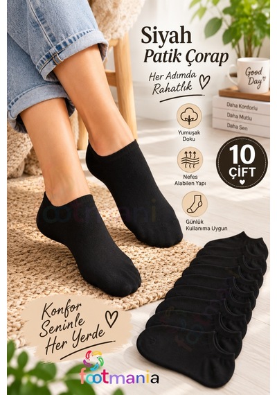 Footmania Kadın 10 Çift Siyah Patik Çorap Seti Pamuklu