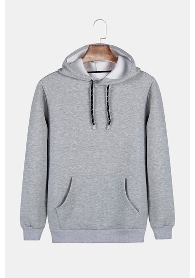Unisex Gri Kapüşonlu Arkası Astronot Baskılı Slim Fit Kanguru Cepli Sweatshirt Gri