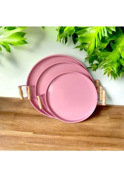 Eceaksesuar Tepsi Seti Ahşap Kulplu Metal Çay Tepsisi Kahve Tepsisi Sunum Kahvaltı 3'lü Tepsi Seti Pembe 40 X 30 Çok Renkli