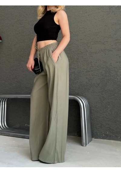 Mirve Butik Tensel Kumaş, Rahat Kesim Palazzo Pantolon Haki