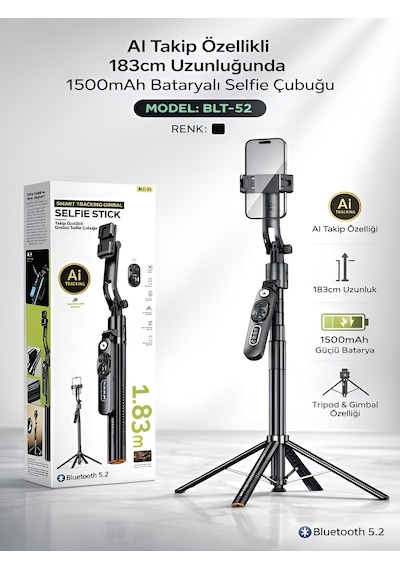 1500 Mah Led Işıklı 183 Cm Ai Takip Özellikli Gimbal Tripod Selfie Çubuğu Bluetooth Kumandalı
