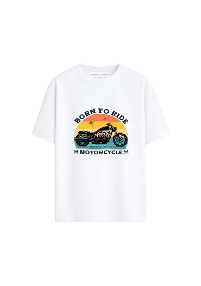 Black Nova Oversize Baskılı Unisex %100 Pamuk T-shirt Born To Ride Beyaz