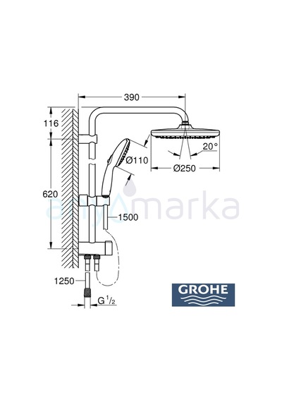 Grohe Tempesta System 250 Duvara Monte Duş Sistemi, Yön Değiştiricili, Mat Siyah - 269802431 Siyah