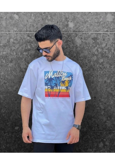 Flood Of Style Erkek Açık Mavi Malıbu Beach Baskılı Oversize Bisiklet Yaka Tshirt Lacivert