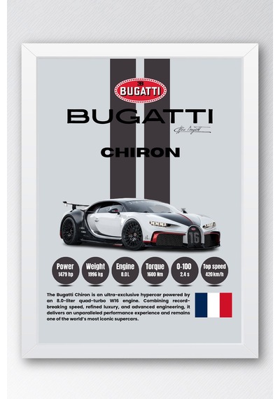 Bugatti Chiron Hiper Araba Tablosu - Teknik Özellikli Otomobil Poster - Çerçeveli Duvar Dekoru Beyaz