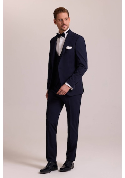 Ysf Erkek Lacivert Slim Fit Likralı Sivri Yaka Yelekli Damatlık