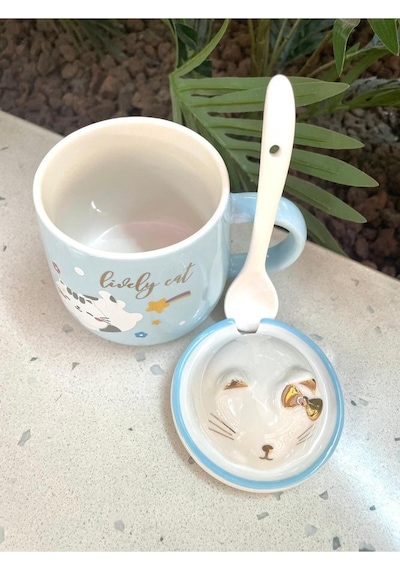 Kawai 3d Kedi Kapaklı Kaşıklı Kupa Bardak Mavi