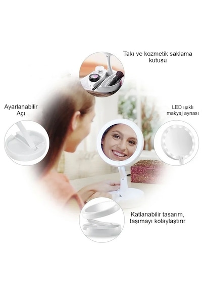 Led Işıklı 10x Katlanır Hafif Çift Yönlü Usb Şarjlı Makyaj Aynası