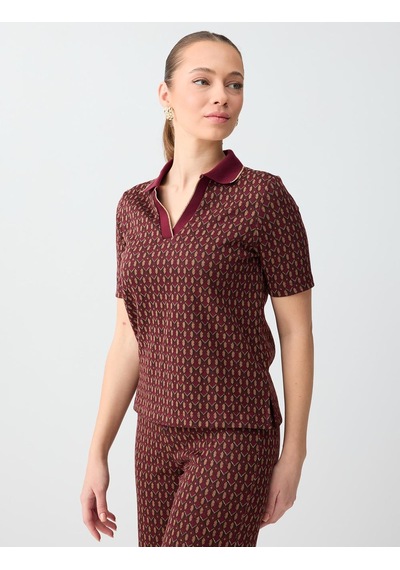 Jimmy Key Bordo Geometrik Desenli Polo Yaka Kısa Kollu Örme Bluz 6sw036586562