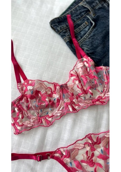Suısy Pink Blossom Fuşya Çiçek Nakışlı Sütyen Külot Takımı