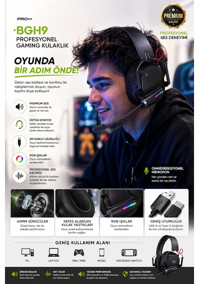 Rgb Işıklı Gaming Kulaklık 40mm Sürücü Omnidirectional Mikrofon 2m Kablo Usb-type-c Girişli