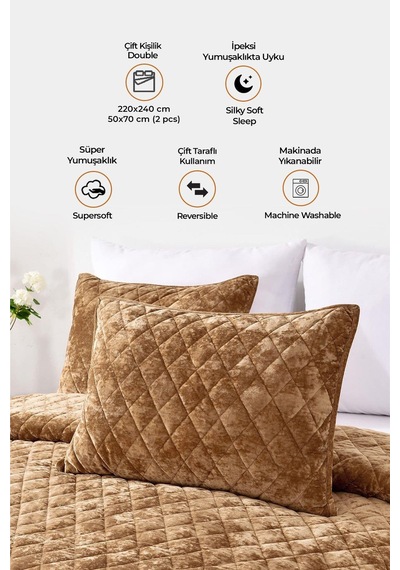 Evlen Home Kapitone Kadife Yatak Örtüsü Seti Çift Kişilik Supersoft 3 Parça Yumuşak Elyaf Dolgulu Kahve Kahverengi