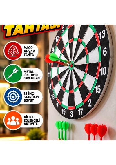 12 İnç Ahşap Dart Tahtası Seti Metal İğne Uçlu Dart Okları