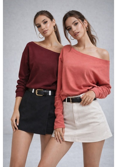 Rich Kadın 2'li Paket Pembe - Bordo Düşük Omuz Modal Bluz Pembe-bordo