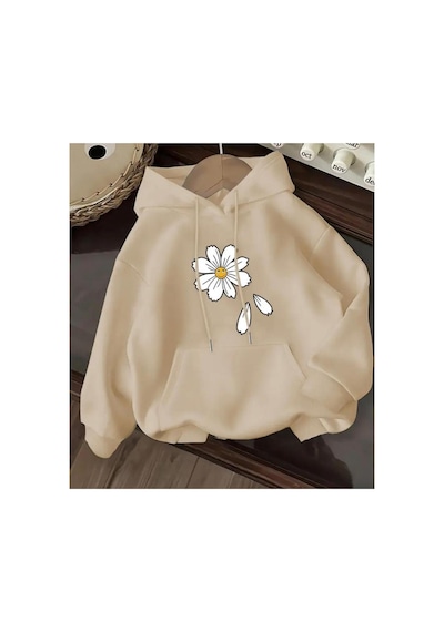 Herkesemoda Papatya Baskı Detaylı İçi Polarlı Kapüşonlu Sweatshirt Bej