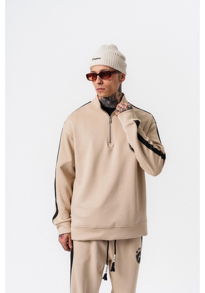 Respire Erkek Şerit Detaylı Yarım Fermuarlı Modal Sweatshirt Bej