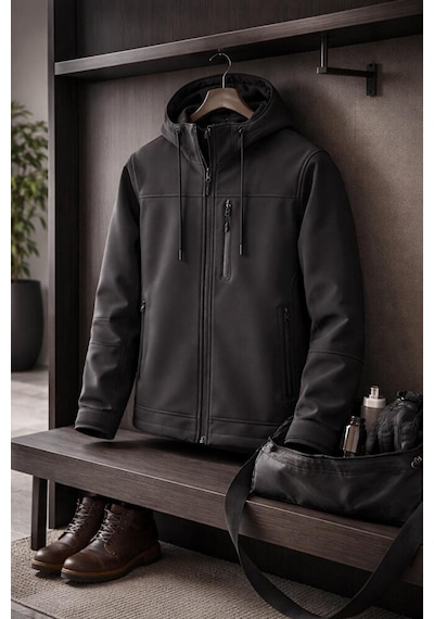 Vatan Tekstil Erkek Slim Fit Softshell Kapüşonlu Erkek Mont Su İtici Rüzgar Geçirmez Gri