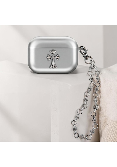Caseonn Apple Uyumlu Airpods Pro 3 Kılıf Chrome Hearts Metalik Görünümlü Uzun Zincirli Haç Figürlü Gümüş Metalik Gri