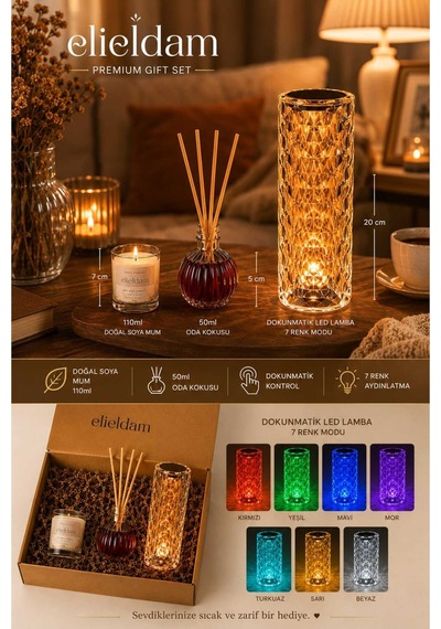 Yeni Ev, Doğum Günü, Özel Gün, Sevgiliye Hediye, Kristal Masa Lambası Soya Mum Ve Oda Kokulu Hediye Seti