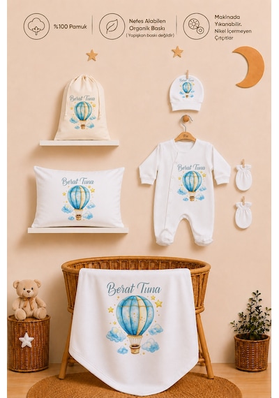 Pia Baby İsme Özel Erkek Bebek %100 Pamuk Hastane Çıkışı Tulum Şapka Eldiven Kıyafet Keseli Hediye Seti 1027tybk0x Krem