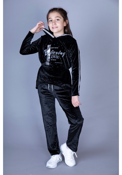 Toontoy Kız Çocuk 2'li Kadife Takım Baskılı Kapüşonlu Sweatshirt & Beli Lastikli Cepli Eşofman Altı - Şerit Detaylı Siyah