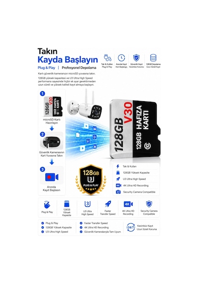 128 Gb Hafıza Kartı Faster Transfer Speed Class 10 4k Video Kayıt V30 Güvenlik Kamera Uyumlu