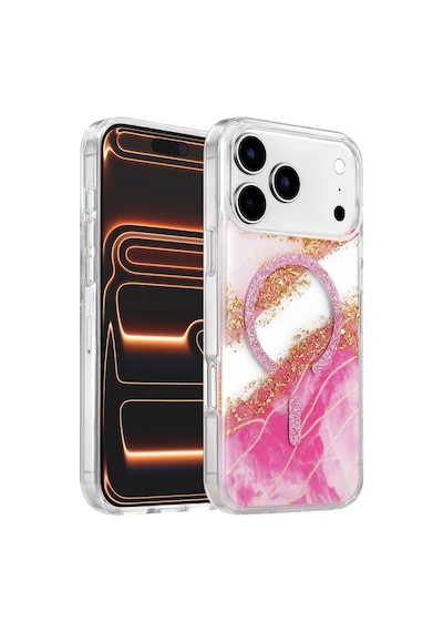 Onegif Apple İphone 17 Pro Max/18 Pro Max Lotus Simli Magsafe Kapak - Pembe Düz Renkli