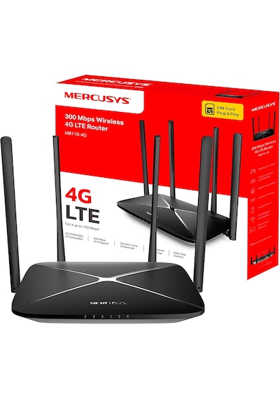 Mercusys Mb115-4g N300 Mbps 4g Lte Router Sım Kart Girişli 4 Ethernet Portu 4 Harici Antenli 32 Cihaza Kadar Bağlantı Mobil Uygulama Destekli