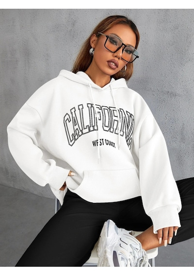 Unisex Calıfornia Baskılı Kapüşonlu Sweatshirt Beyaz Beyaz