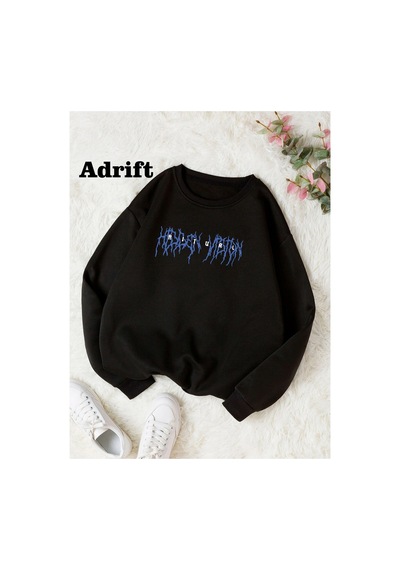 Tarzsokak Ritual Mavi Renkli Oversize Bisiklet Yaka Pamuklu Sweatshirt Siyah