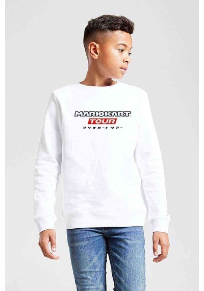 Tshirthane Mario Kart Tour Baskılı Unisex Çocuk Beyaz Sweatshirt Beyaz