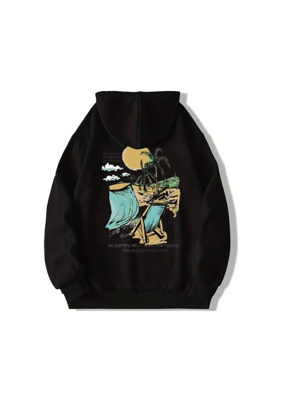 Medinenur Beach Baskılı Kapüşonlu Sweatshirt Siyah