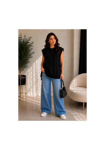 Hira Life Fashion Kadın Bisiklet Yaka Yanları Açık Bağcıklı Oversize Triko Süveter Siyah Siyah Hira Life Fashion Kadın Bisiklet Yaka Yanları Açık Bağcıklı Oversize Triko Süveter Siyah Siyah