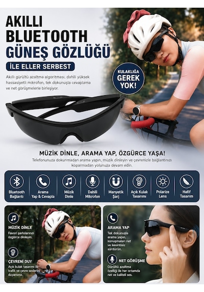 Z06 Pro Akıllı Bluetooth Bisikletçi Güneş Gözlüğü Siyah Polarize Spor Gözlük