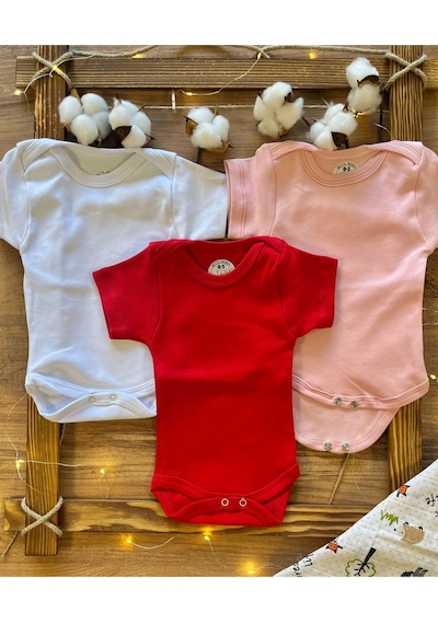 Betül Bebek Kısa Kollu 3'lü Organik Pamuk Çıtçıtlı Bebek Body&zıbın Kırmızı,pembe,beyaz Çok Renkli