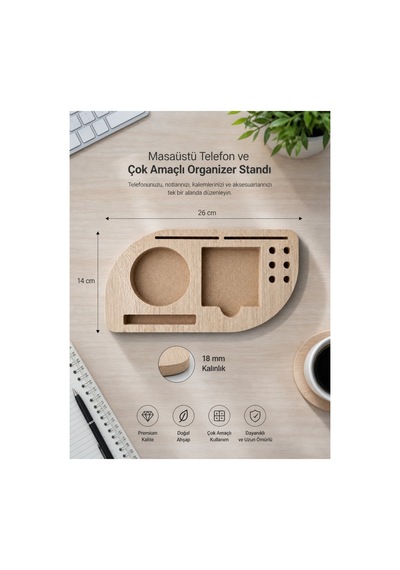Deskmate Safir Meşe Telefon Standlı Mdf Masaüstü Organizer Kalemlik & Notluk & Kartlık Kahverengi - 874801382 Kahverengi