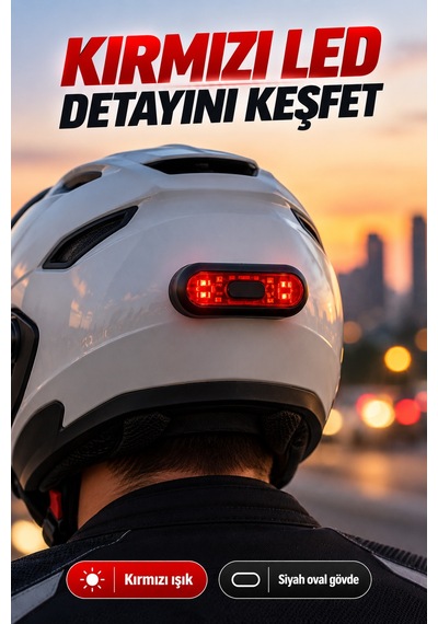 Usb Şarjlı Kırmızı Led Kask Işığı Açma Kapama Düğmeli Siyah Oval Kask Flaşörü Usb Kablolu 8,8x3,7 Cm