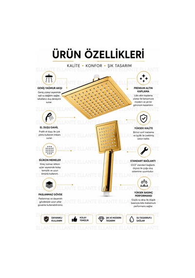 Premium Gold 20x20 Cm Kare Yağmur Duş Başlığı Ve El Duşu Seti Paslanmaz Çelik Yüksek Basınçlı Lü Çok Renkli