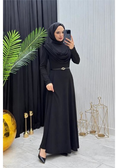 Neşeli Butik Kadın Siyah Sandy Kumaş Degaje Yaka Kemer Detaylı Tesettür Elbise---- Nms096