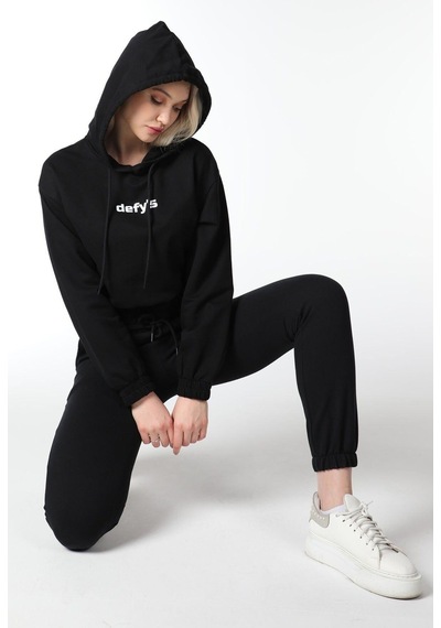 Defys Kadın Baskılı Kapüşonlu Crop Sweat Siyah - 497134715 Siyah