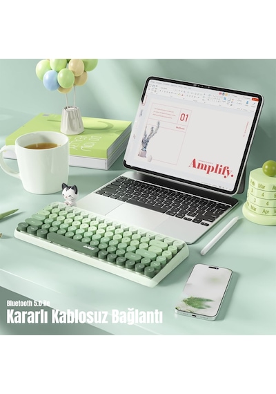 308ı Çok Renkli Daktilo Tarzı Vintage Kablosuz Klavye