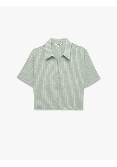 Koton Regular Fit Kaçık Yaka Kısa Kollu Crop Gömlek Siyah Çizgili 6sak60311pw