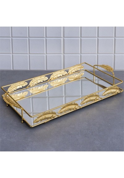 Aynalı Tepsi Dekoratif Sunum Tepsisi Xl Boy Dikdörtgen Yaprak Gold 53 X 27 Cm