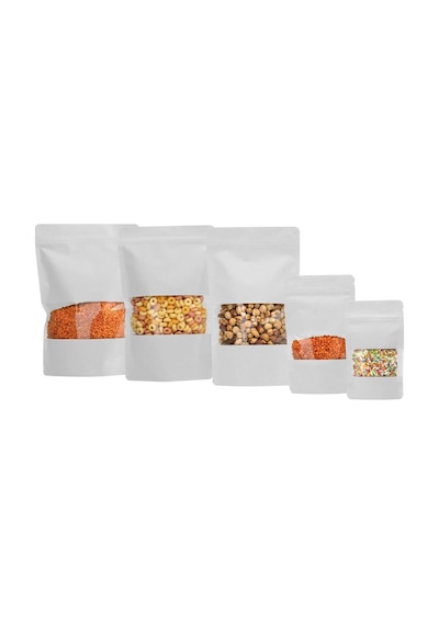 Pencereli Beyaz Kraft Kilitli Doypack Ambalaj 13 X 22,5 + 3,5 Cm - 250 Gr. 50 Adet