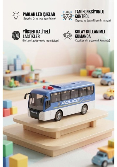 Led Farlı 4 Fonksiyonlu Uzaktan Kumandalı 1:30 Ölçekli Gerçekçi Tasarımlı Oyuncak Polis Otobüsü Çok Renkli