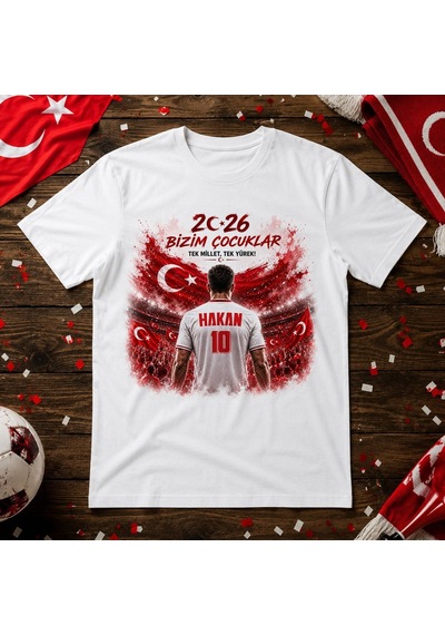 Bk Gift Kişiye Özel Türkiye Taraftar Temalı 2026 Dünya Kupası Tasarımlı Tişört-2, Tek Yürek Milli Takım Ruhu Beyaz