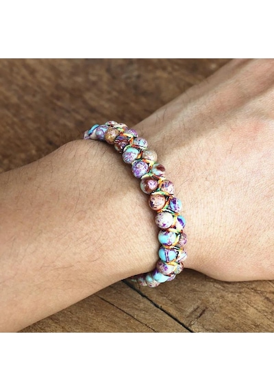 Valkyrie Doğal Taş Bileklik El Yapımı Makrome Tasarım Çok Renkli Jasper Doğal Taş Ayarlanabilir Unisex Bileklik Çok Renkli