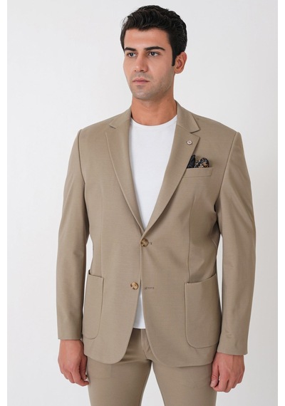 Comfort Fit Esnek Rayon Pamuk Karışım Torba Cepli Bej Blazer Ceket C 744