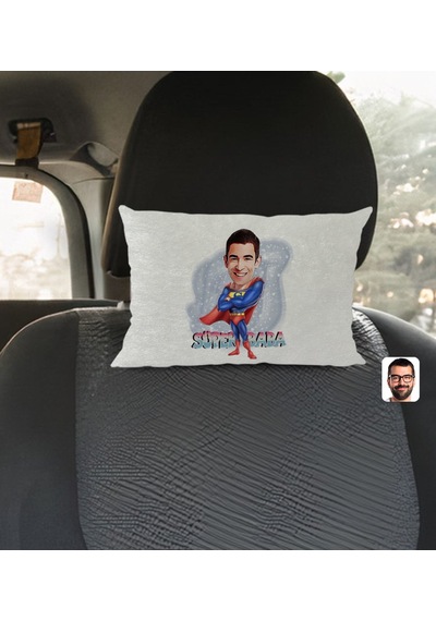 Bk Gift Kişiye Özel Süper Baba Karikatürlü Dikdörtgen Araç Koltuk Yastığı-1 Çok Renkli