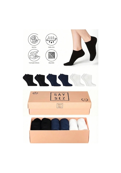 Saysez Bambu Kadın Patik Düz Siyah-beyaz-lacivert Çorap Dikişsiz Premium Kutulu 6'lı Paket Çok Renkli